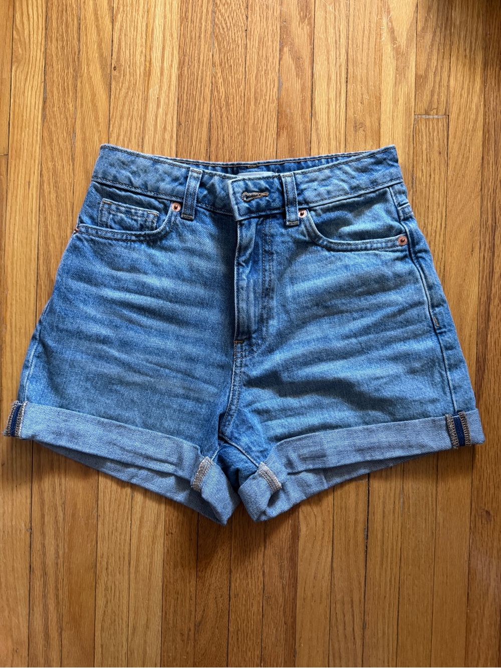 Mango Light Blue High-Waist Rolled Cuff Denim Shorts